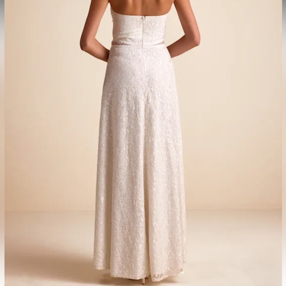 Lulu's White Strapless Lace Maxi Dress with Front Slit - Picture 2 of 6